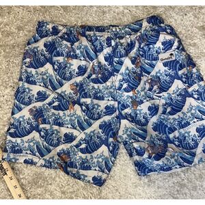 Men's Boardies Swim Trunks Shorts Size Medium Blue Waves With Koi Fish READ